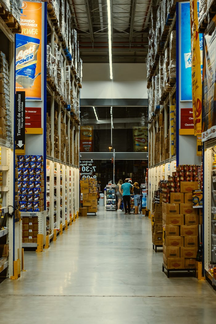 A vibrant warehouse aisle with shoppers amidst towering shelves in Brazil.